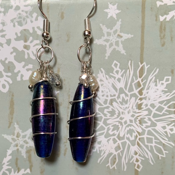 ❤️5/$15 Iridescent Ceramic Wire Wrapped Handcrafted Silver Earrings - Picture 4 of 4